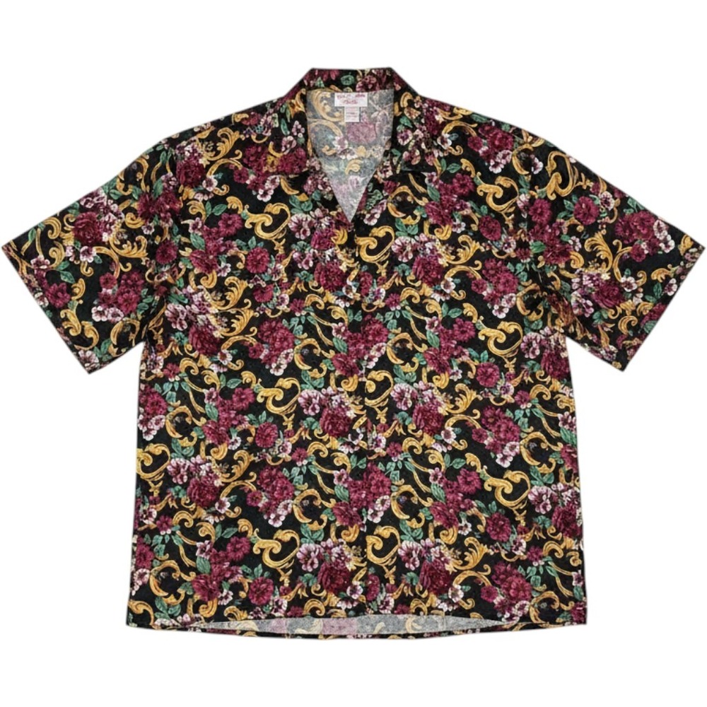 Violets & Roses Floral Shirt Large Vintage Style Baroque Frog Knot Black Silky